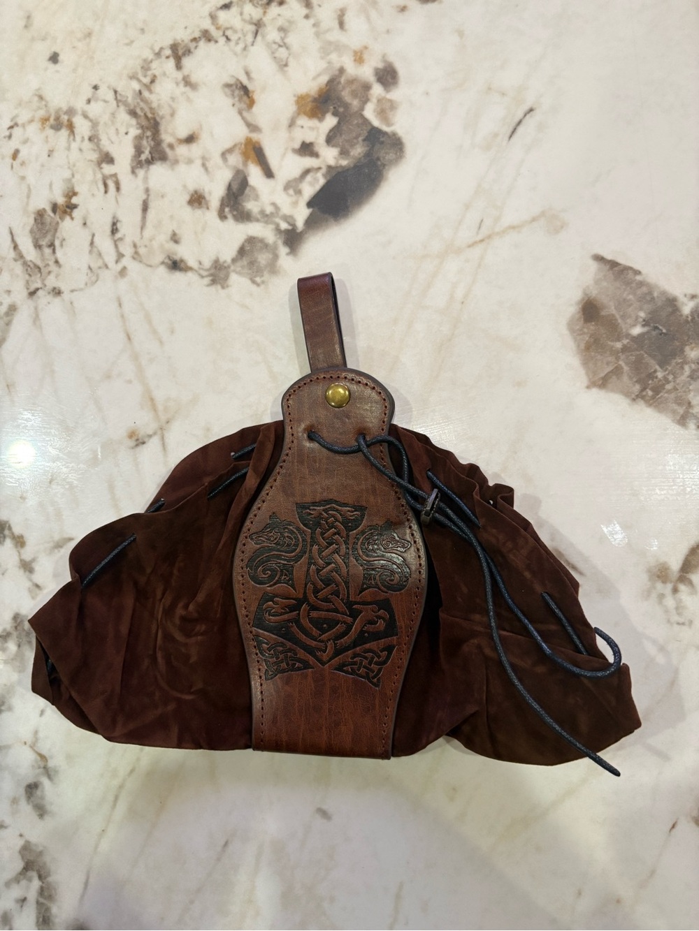 Brown Leather & Suede Celtic Embossed Drawstring Pouch